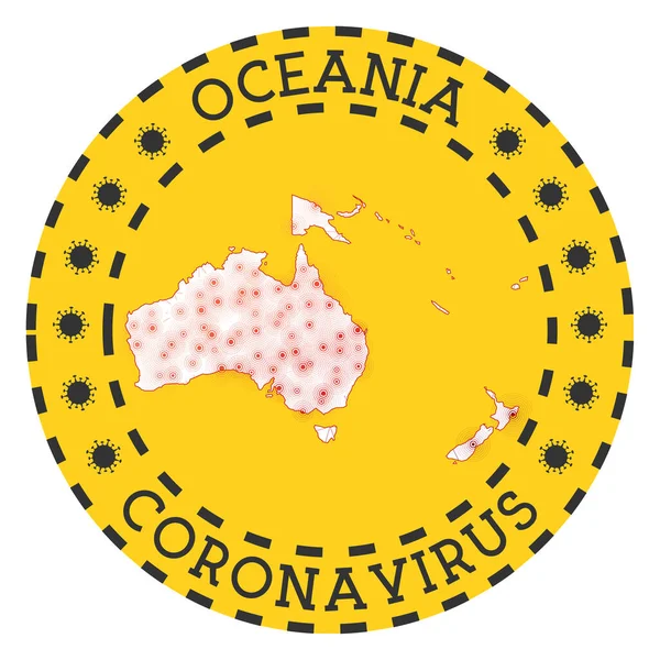 Koronawirus w Oceanii znak Okrągła odznaka o kształcie Oceanii Żółty kontynent zablokować emblemat — Wektor stockowy