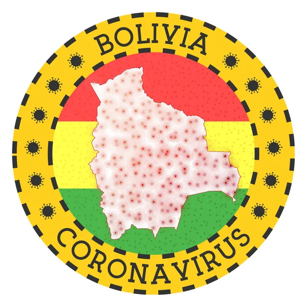 Coronavirus en Bolivia firman insignia redonda con forma de Bolivia — Vector de stock