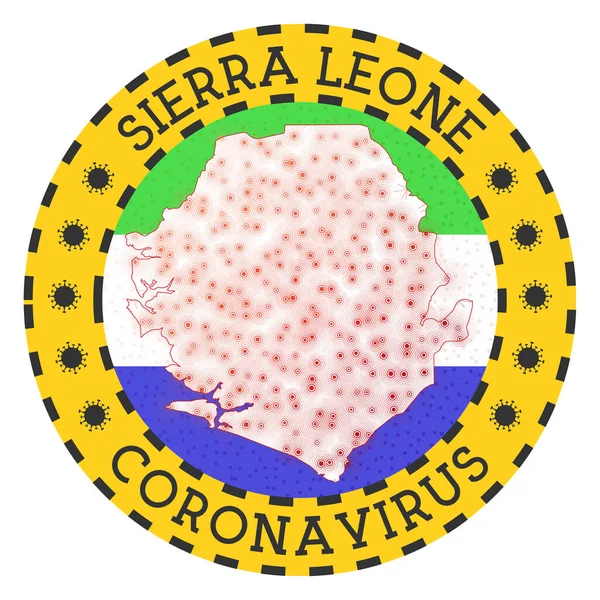 시에라리온의 코로나 바이러스, 시에라 리온의 노란 나라 모양의 라운드 배지에 서명 — 스톡 벡터