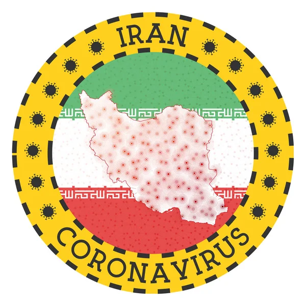 Coronavírus no Irã assina emblema redondo com forma de Irã País amarelo trava emblema com título —  Vetores de Stock