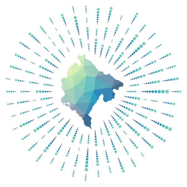 Forma de Montenegro estallido solar poligonal Mapa del país con los rayos de estrellas de colores Montenegro — Vector de stock