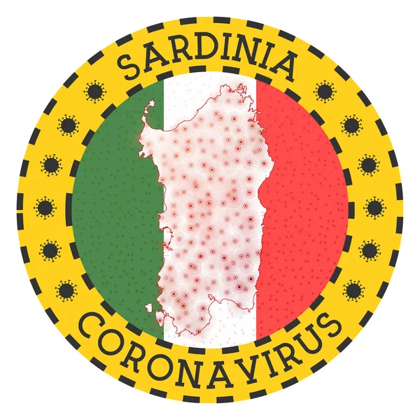 Koronawirus na Sardynii znak Okrągła odznaka z kształtem Sardynii Żółta wyspa zablokować godło — Wektor stockowy