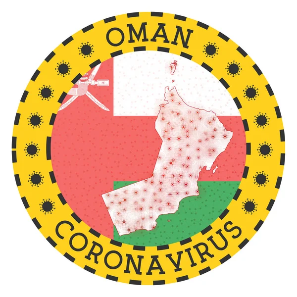 Coronavírus em sinal de Omã Emblema redondo com forma de Omã Amarelo país bloquear emblema com título —  Vetores de Stock