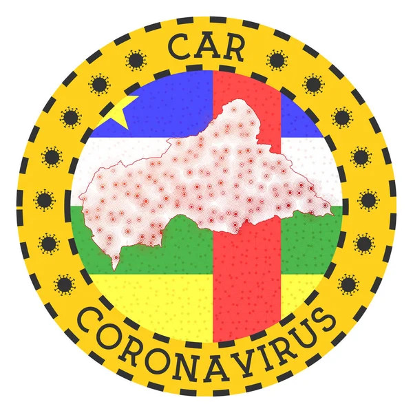Coronavirus en signe CAR Insigne rond avec la forme de l'emblème de verrouillage du pays CAR jaune avec le titre — Image vectorielle
