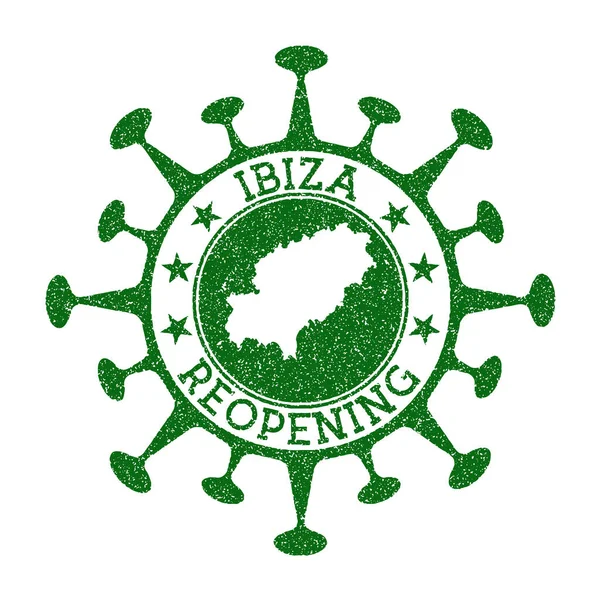 Ibiza Reapertura Sello Insignia verde redonda de isla con mapa de Ibiza Apertura de isla tras cierre — Archivo Imágenes Vectoriales