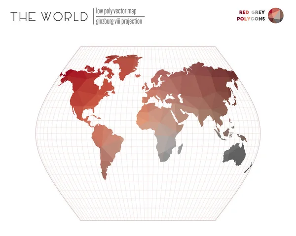 Wereldkaart met levendige driehoeken Ginzburg VIII projectie van de wereld Rood Grijs gekleurde polygonen — Stockvector