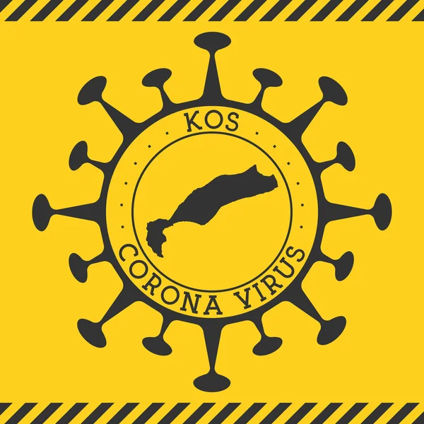 Corona virus in Kos sign Round badge with shape of virus and Kos map Yellow island epidemy lock — Stock Vector