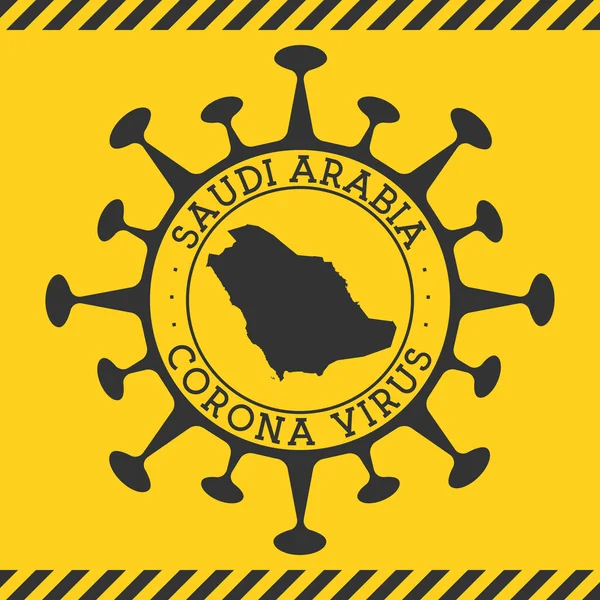 Vírus da Corona na Arábia Saudita assina emblema redondo com forma de vírus e mapa da Arábia Saudita Amarelo — Vetor de Stock