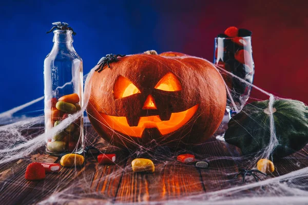 Cadılar Bayramı Balkabağı tatlılar ve karanlık aydınlatma ile örümcek ağı içinde. Ya parani ya canini kavramı mavi ve kırmızı zemin üzerine