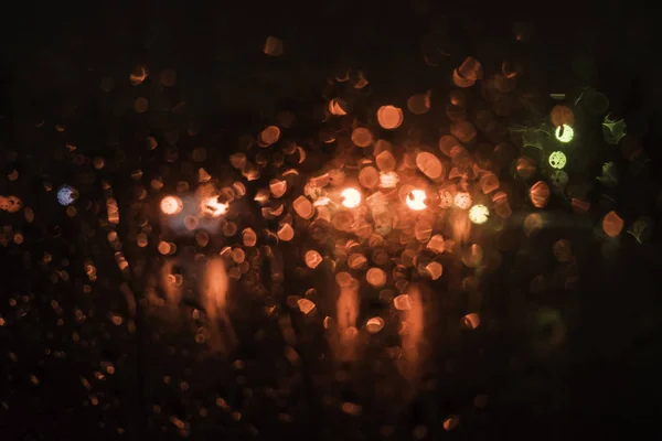 Beautiful Drops Water Glass Street Light Night Blur Background — Stock Photo, Image