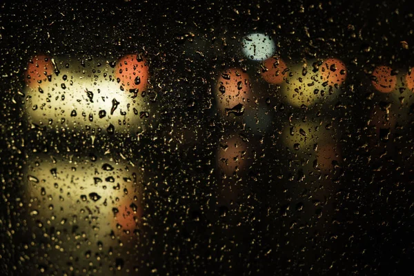 Beautiful Drops Water Glass Street Light Night Blur Background — Stock Photo, Image