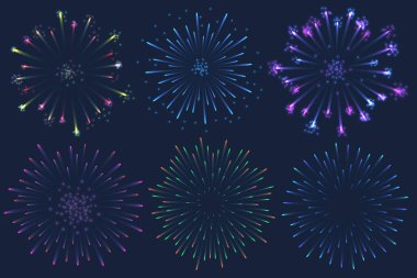 Koyu arka plan üzerinde renkli havai fişek illüstrasyon vektör kümesi