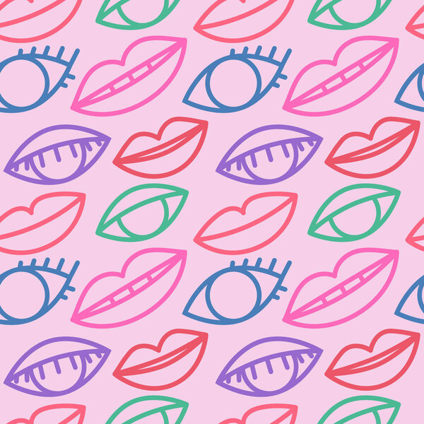 Seamless patten with eyes and lips, outline eye and lips vector background, colorful wallpaper