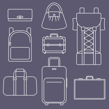 Bags, koyu arka plan üzerinde beyaz anahat düz vektör çizimde koleksiyon farklı türleri
