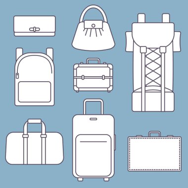 Çantalar, beyaz düz vektör çizim konturlu, mavi arka plan üzerinde koleksiyon farklı türleri