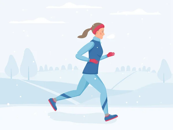 Женщина бегает в зимнем парке, бегает трусцой на улице в холодную погоду, физическая активность на открытом воздухе в морозный холод, векторная иллюстрация в плоском стиле — стоковый вектор