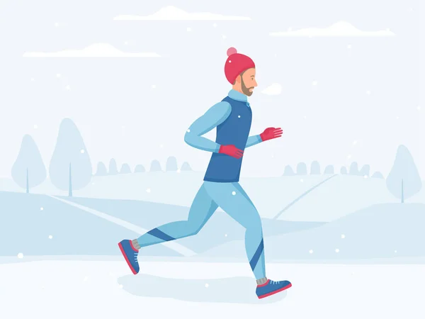 Мужчина бегает в зимнем парке, бегает трусцой на улице в холодную погоду, физическая активность на открытом воздухе в морозный холод, векторная иллюстрация в плоском стиле — стоковый вектор