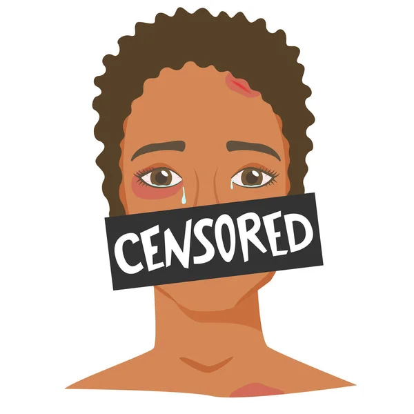 Black woman crying, female victim of domestic abuse and aggression, speaking about suffering from gender-based physical and mental violence is censored, bad awareness about harassment, assault. Vector
