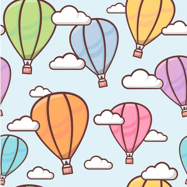 Płynny wzór z kolorowymi konturami balonów na niebie z chmurami, naiwnym i prostym tłem, ilustracja wektorowa dla dzieci — Wektor stockowy