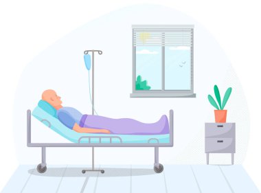 Hastane odasında bir kişi, damardan tedavi gören bir kanser hastası sıcak, tedavi gören bir tıbbi vaka, klinikte iyileşen bir hasta, sağlık konsepti, vektör