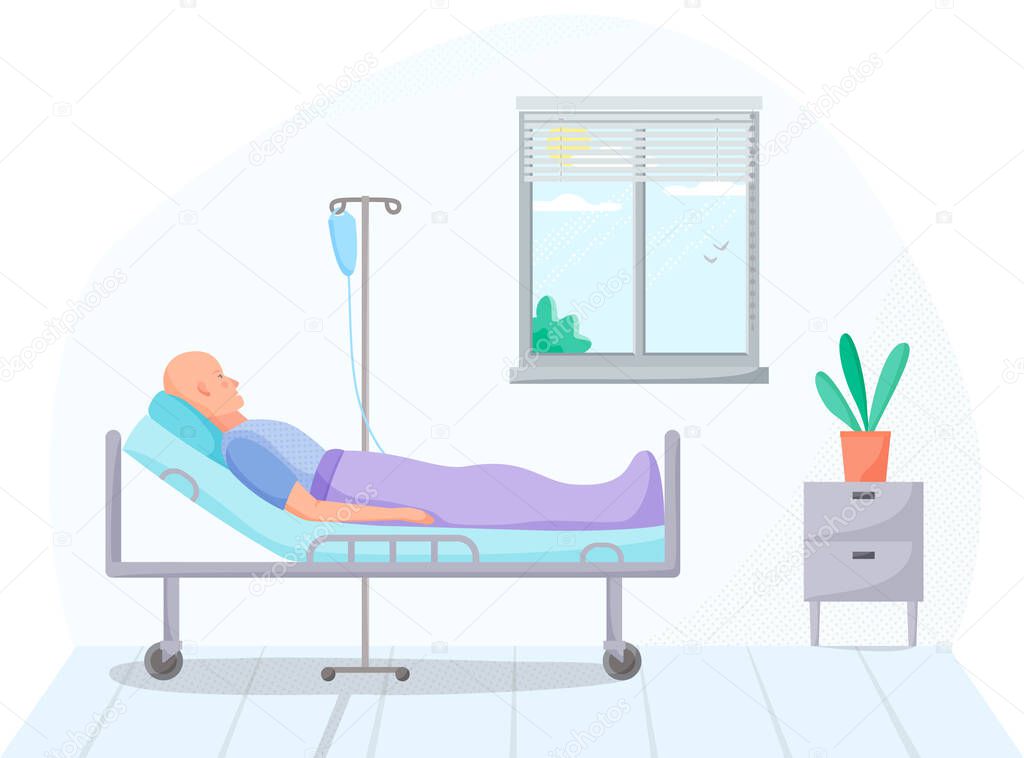 Person in hospital room, cancer patient on intravenous therapy treatment in warm, medical case on treatment, ill men on recovery in clinic, healthcare concept, vector