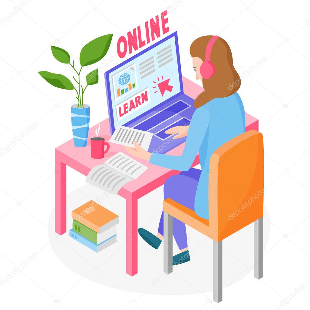 Learning online concept, woman studying online via the internet, learning from home, online education courses, vector illustration