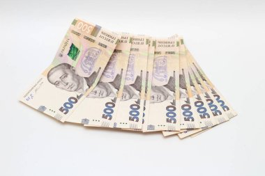 Beyaz arka planda gölgeli 500 Ukrayna Hrivniası 'na ait yeni banknotlar. Avrupa para değişimi. Ukrayna para birimi