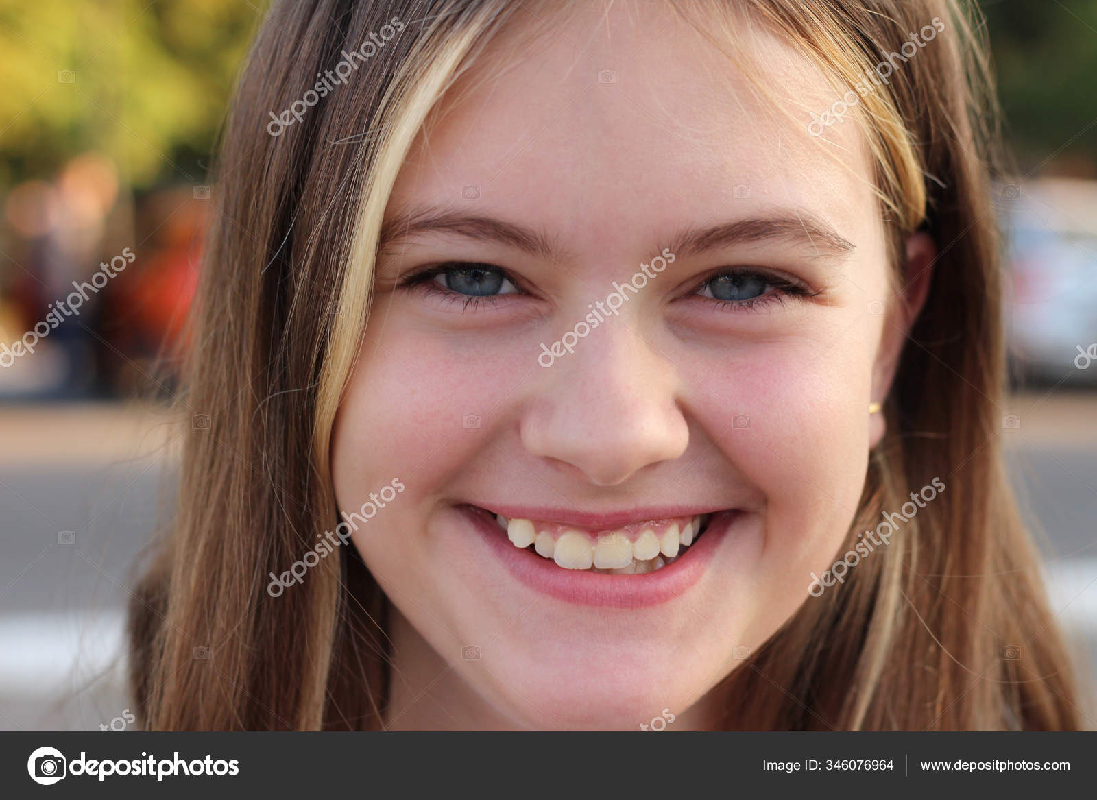 Portrait Cute White Teen Girl Blurred Summer Green City Background