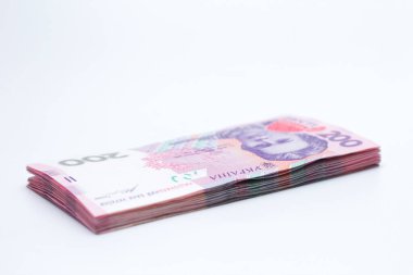 Gölgeli beyaz bir arka planda izole edilmiş 200 Ukrayna hrivniası banknotları. Avrupa para değişimi. Ukrayna parası. Seçici odak