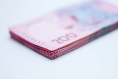 Gölgeli beyaz bir arka planda izole edilmiş 200 Ukrayna hrivniası banknotları. Avrupa para değişimi. Ukrayna parası. Seçici odak