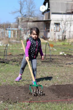 Beyaz saçlı, açık havada at kuyruklu beyaz bir kız ellerinde uzun tahta bir sopa tutuyor. Anaokulu öğrencisi bahar bahçesinde ebeveynlere yardım ediyor.