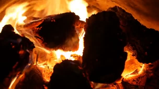 Las llamas envolvieron la madera en un horno de hierro . — Vídeos de Stock