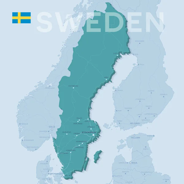 Mappa delle città e delle strade in Svezia . — Vettoriale Stock