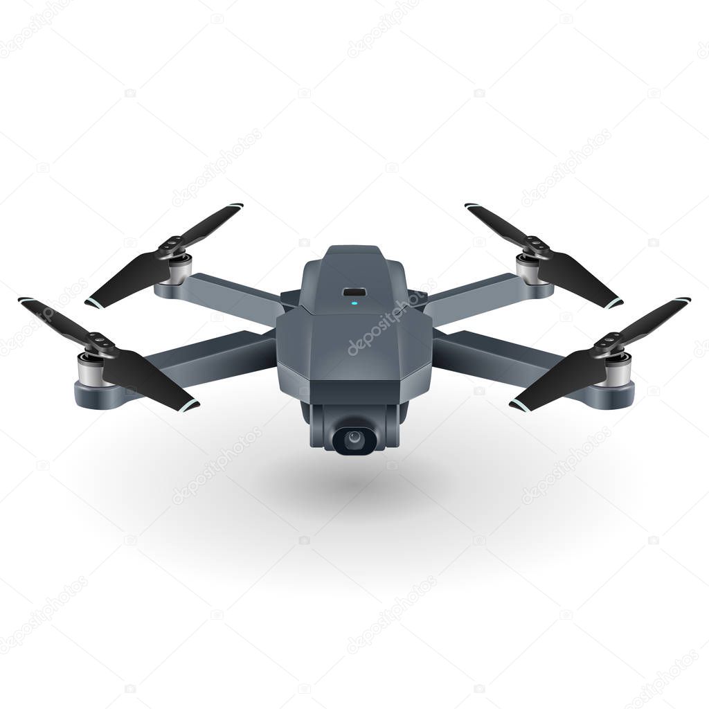 Drone or quadrocopter with camera. Gray color, white background.