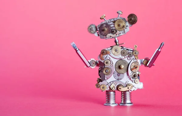 Steampunk service robot concept. Repair man with screw drivers. Aged gears, cog wheel hand clock parts mechanism. Shabby scratch metal texture. Pink background, shallow depth of field copy space
