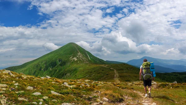 A tourist with a large backpack rises to Goverla mountain in Carpathian mountains Ukraine — Stock Photo, Image