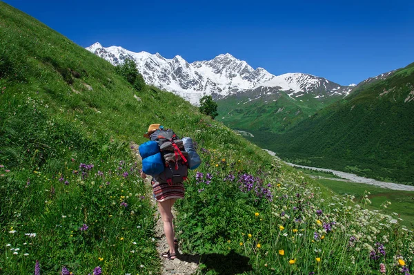 Tourist with large backpack rises on mountain trail with view of the Lardaard ice-fall in Georgia Svaneti — Stock Photo, Image