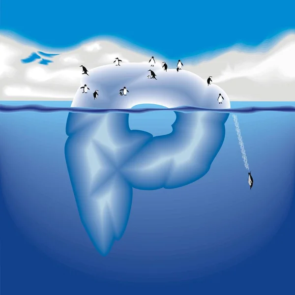 P carta iceberg con pingüinos — Vector de stock