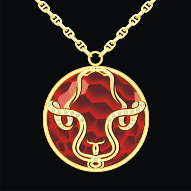 İki yılan olan bir zincir üzerinde yakut madalyon