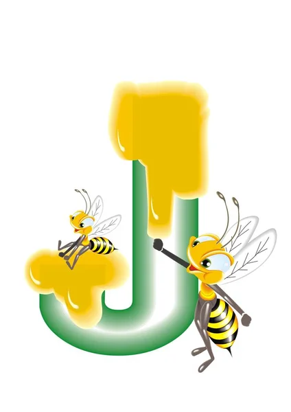 Abejas con miel en las letras J — Vector de stock