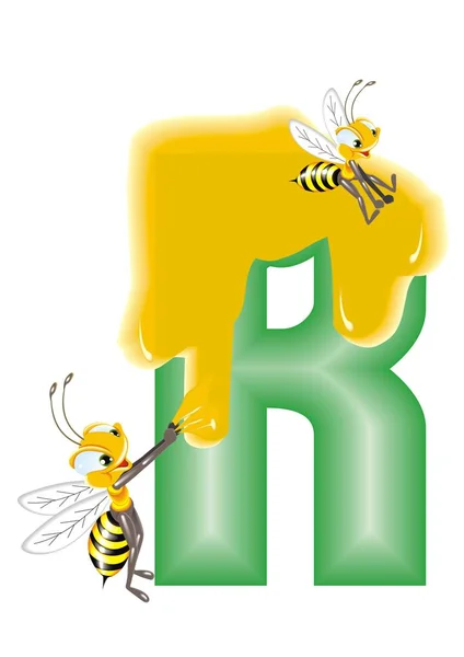 Abejas con miel en las letras R — Vector de stock