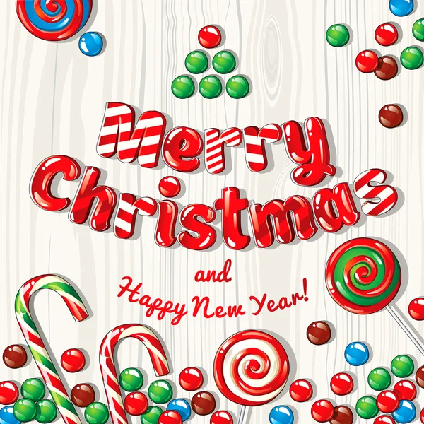 Carte de Noël affiche bannière avec des bonbons sur un fond en bois. Illustration vectorielle . — Image vectorielle