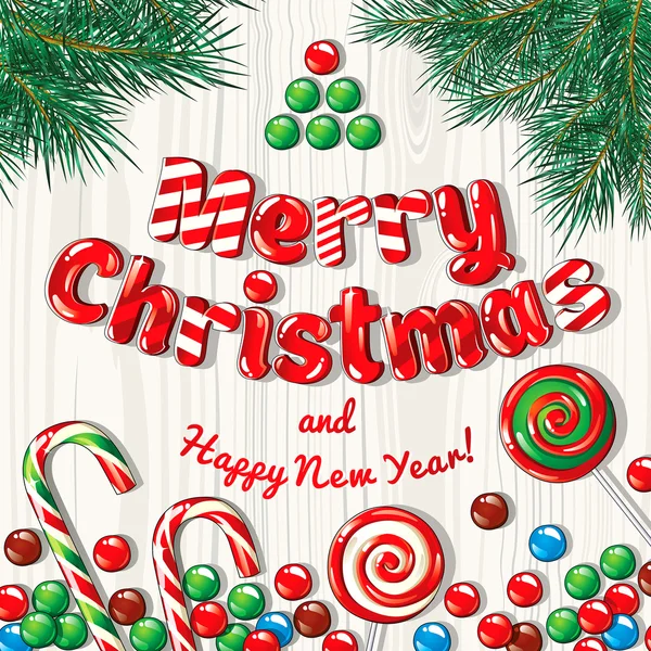 Carte de Noël affiche bannière avec branches de sapin et des bonbons sur un fond en bois. Illustration vectorielle . — Image vectorielle