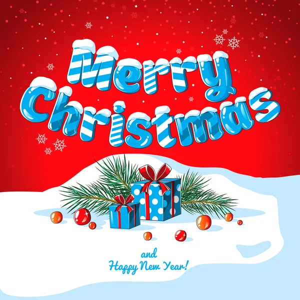 Carte de Noël affiche bannière avec des lettres de glace, branches de sapin, cadeaux et bonbons sur un fond rouge . — Image vectorielle