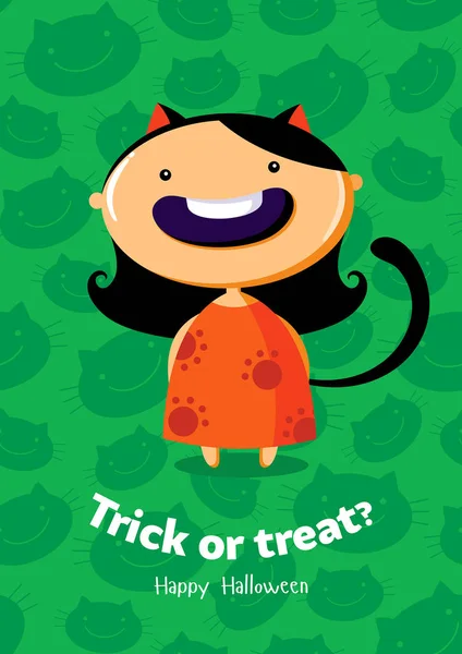 Plakat wektor Halloween Trick or treat z dziewczyna kot na bezszwowe tło — Wektor stockowy