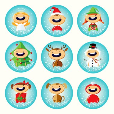 Renkli kostümleri şirin çocuk ile Noel karikatür sopa kümesi