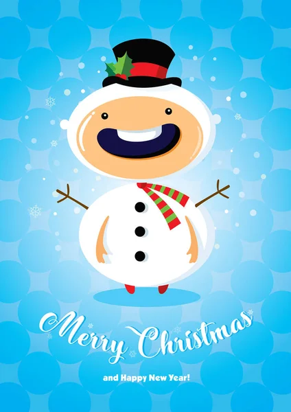Carte de Noël avec garçon en costume de bonhomme de neige — Image vectorielle