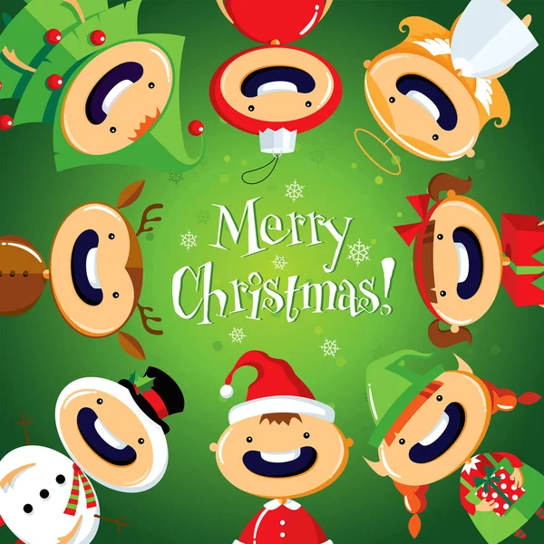 Carte de Noël avec mignon dessin animé enfants en costumes colorés — Image vectorielle