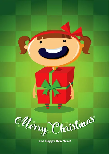 Carte de Noël avec fille en costume cadeau — Image vectorielle