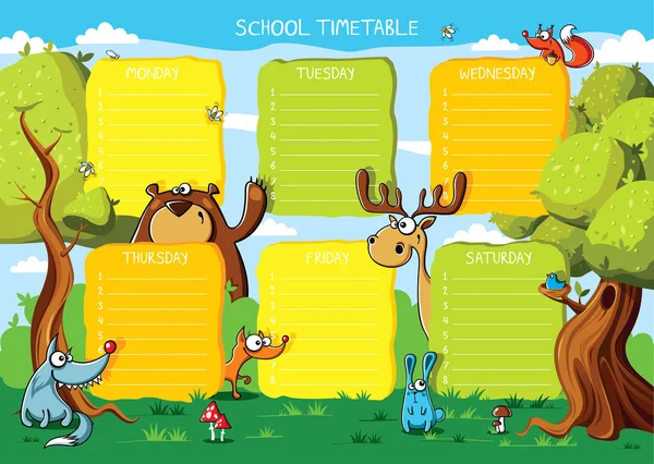 Horario Escolar Con Animales Del Bosque Divertidos — Archivo Imágenes Vectoriales